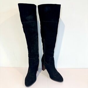 Lord & Taylor 424 Fifth Mikayla Black Suede Knee High Boots W Block Heel, Sz 8.5